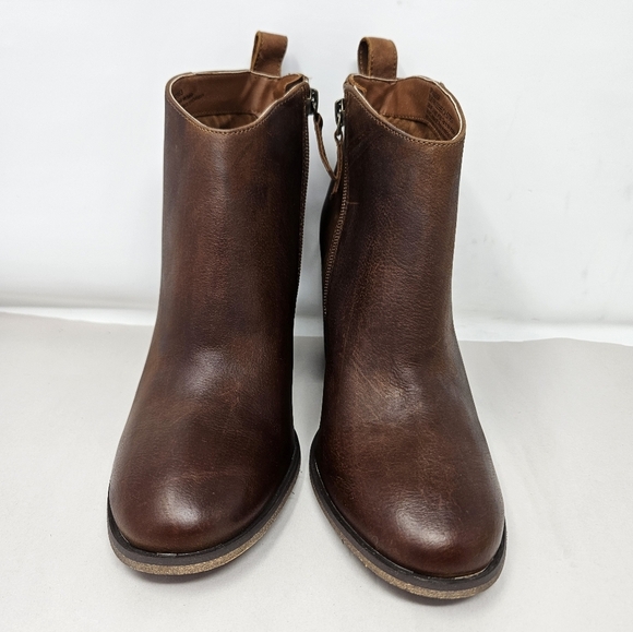 BP. Lance Womens Cognac Leather Booties Sz 8M Wood Block Stacked Heels Winter - Picture 2 of 13